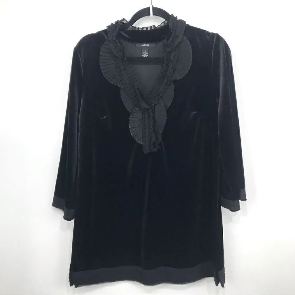 Alfani Black Velvet Ruffle Pleat Pullover Tunic Blouse